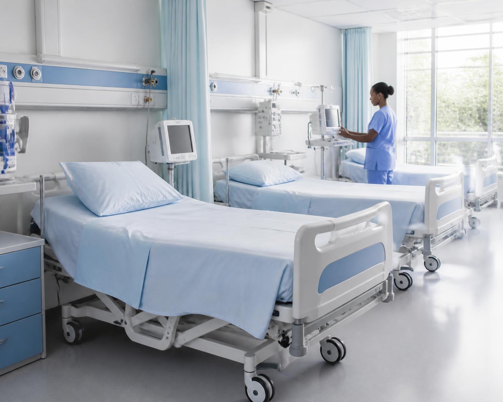Spotless hospital ward with adjustable beds and patient monitors