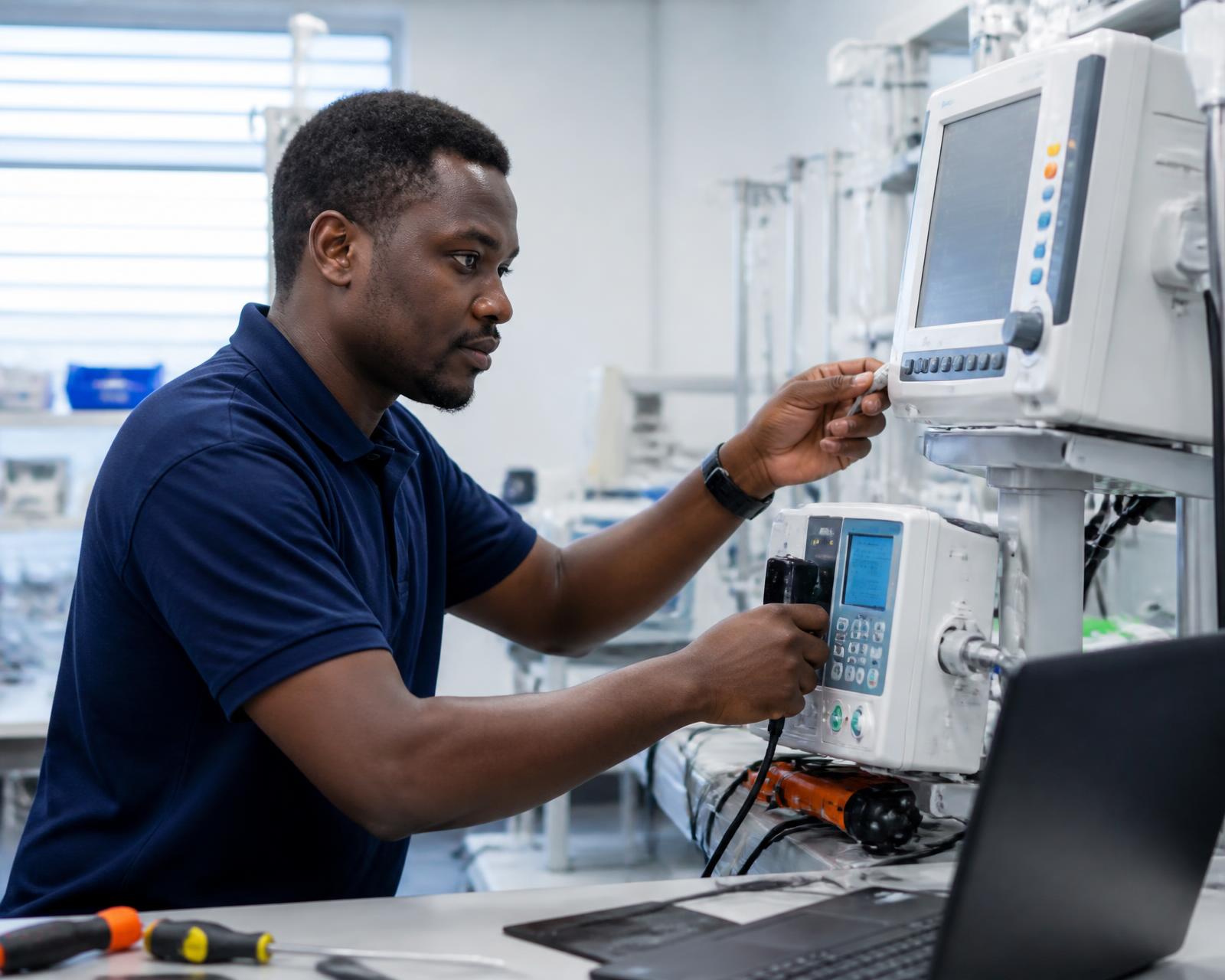 Biomedical engineer servicing hospital equipment